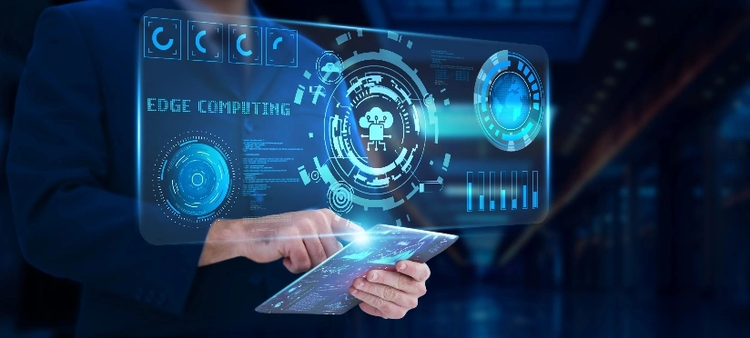 A businessman holds a tablet displaying a futuristic interface with digital elements and graphs