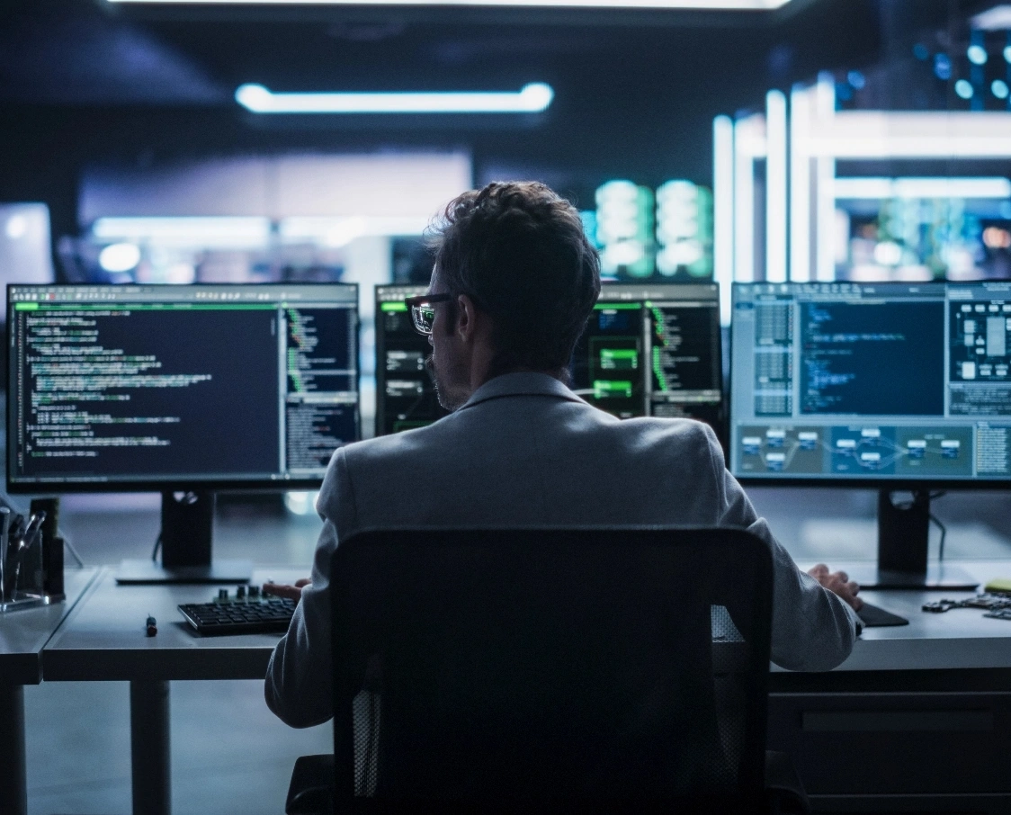 A man at a desk with several computer screens