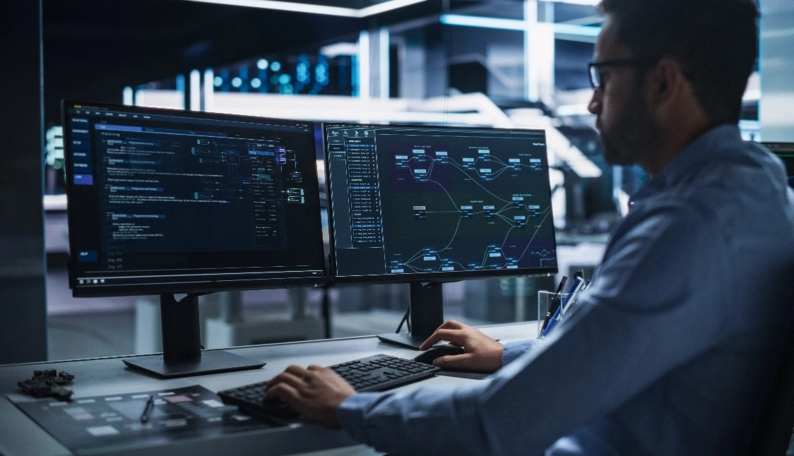 A man seated at a desk, working on two computer screens displaying various applications