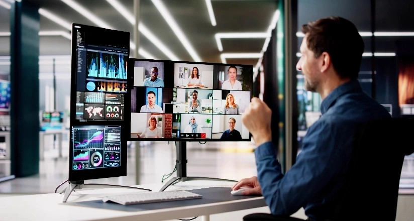 A man sitting at a desk, focused on multiple computer monitors displaying various applications and data