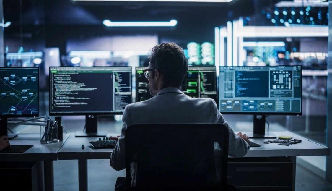 A man sitting at a desk, focused on multiple computer screens displaying various data and information