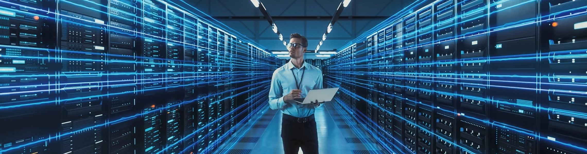 A man stands in a data center illuminated by blue lights