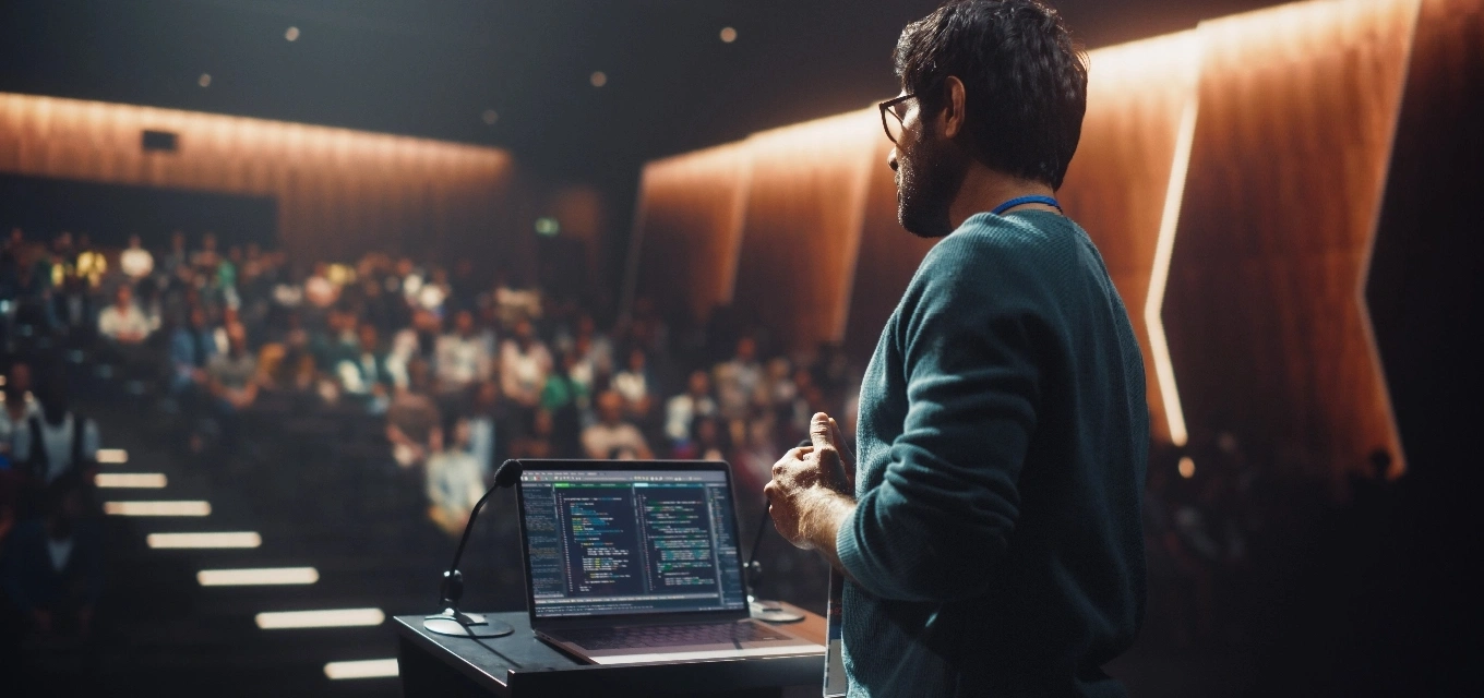 A man stands in front of an audience displaying various graphs and data visualizations