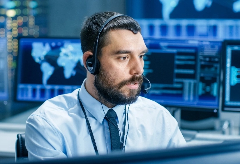 A man wearing a headset sits at a computer