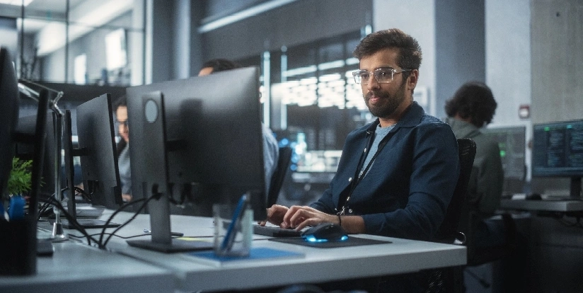 A man wearing glasses is focused on working at his computer