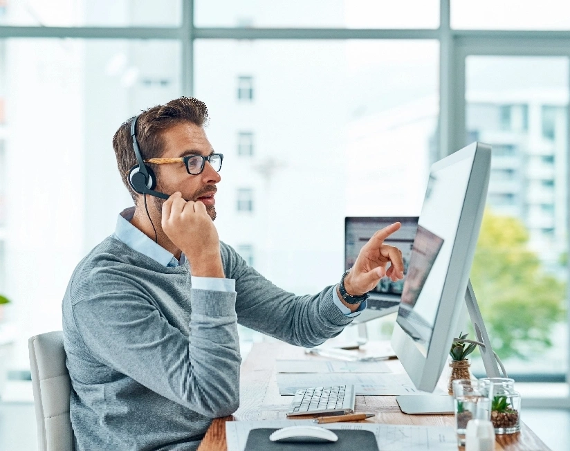 A man with glasses and headphones is at a desk, engaged with his computer