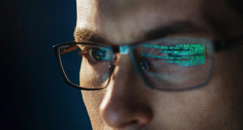 A man with glasses intently gazes at a computer screen, focused on his work or research