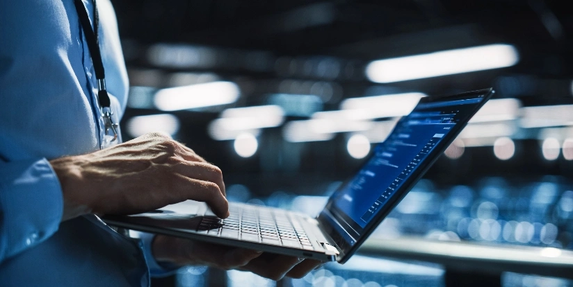 A person in a blue shirt types on a laptop
