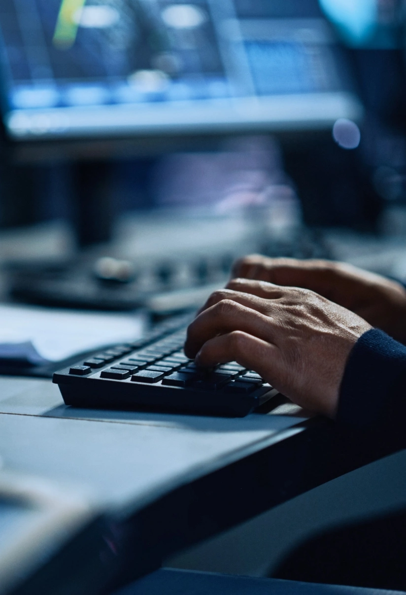 A person typing on a keyboard while focused on a computer screen in a well-lit workspace