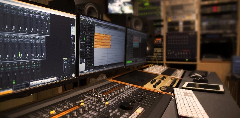 A recording studio featuring multiple monitors, keyboards, and sound equipment arranged for music production