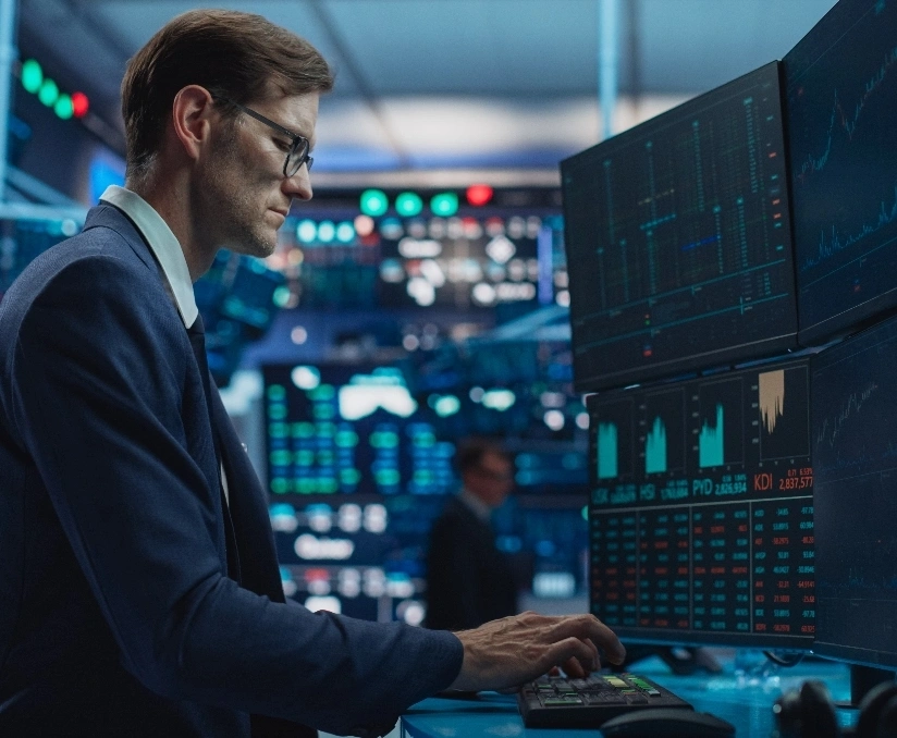 A suited man working intently on a computer screen