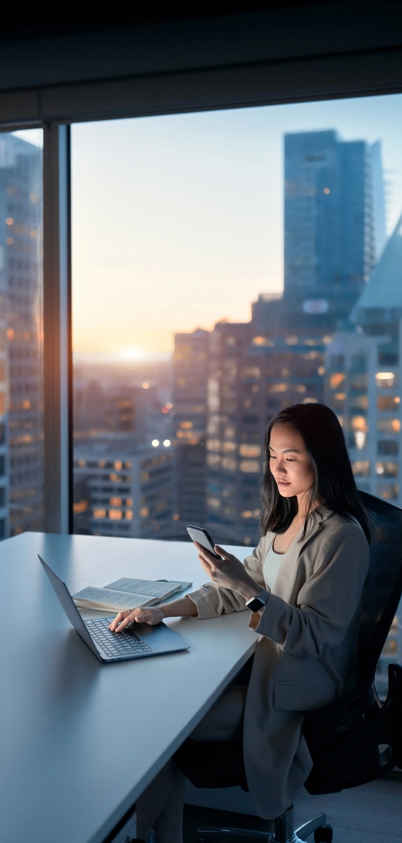A woman sitting at a desk, working on a laptop with a phone beside her