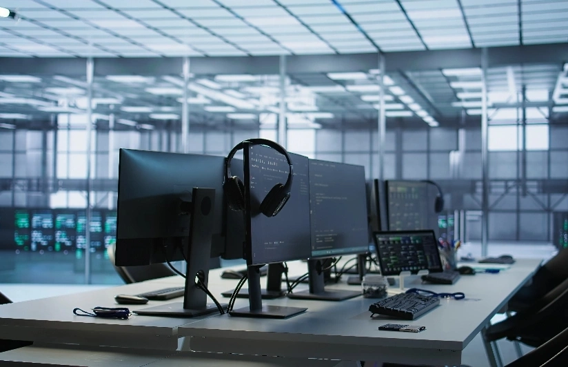 A workspace featuring three computer monitors arranged on a desk with a keyboard in front