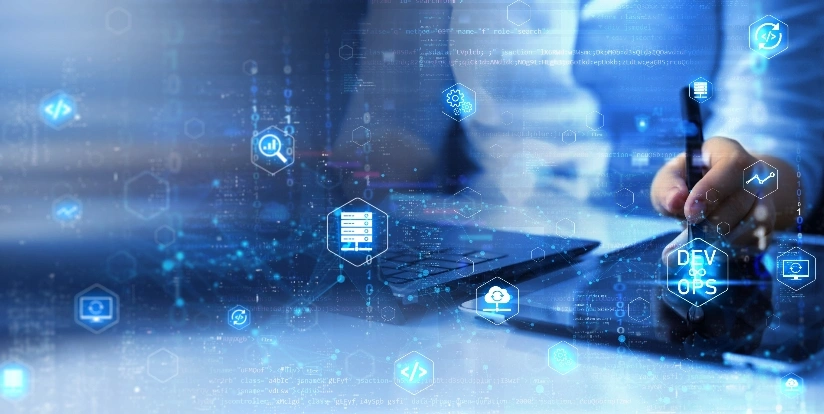 Businessman working on a laptop with various digital icons in the background