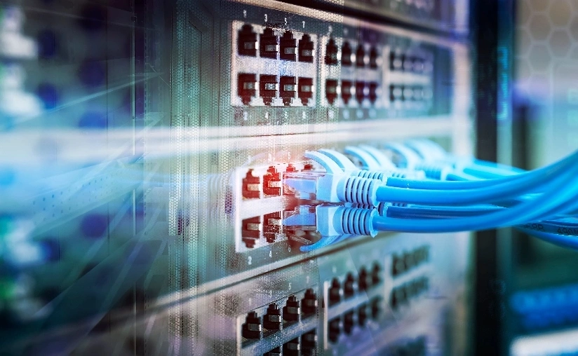 Close-up of a network server with multiple wires connected