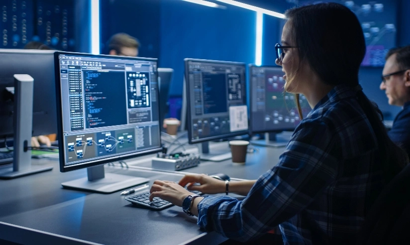 In a dark room, a woman is engaged in work on her computer, illuminated by the screen's light