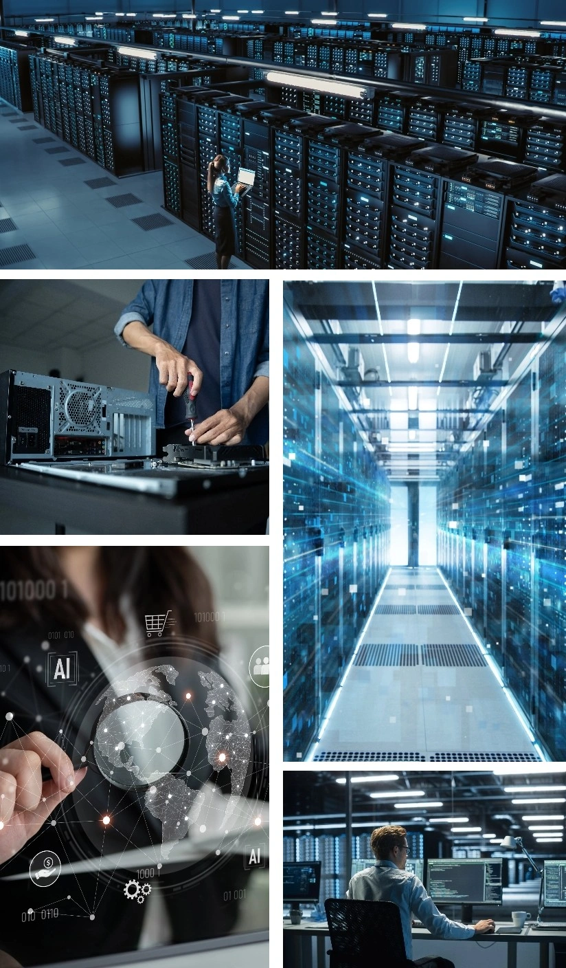 Multiple images of individuals collaborating and managing equipment in a busy server room environment