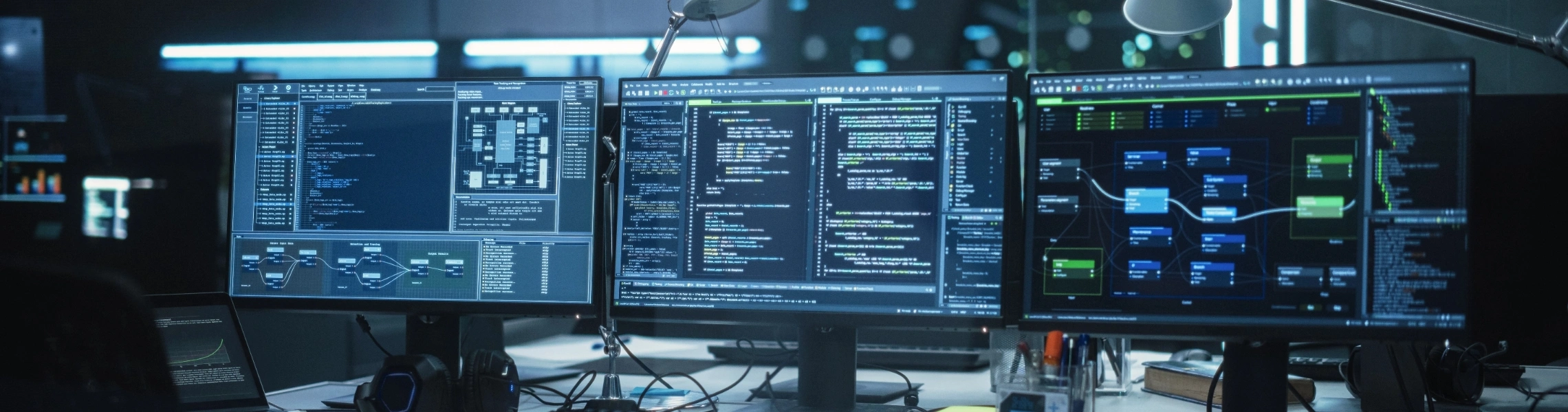 Three computer monitors displaying distinct images