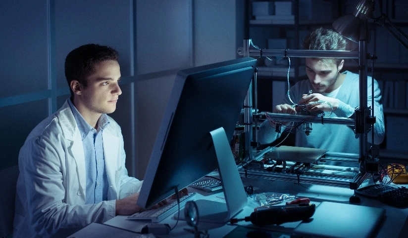 Two men engaged in computer work in a dark room, concentrating on their tasks