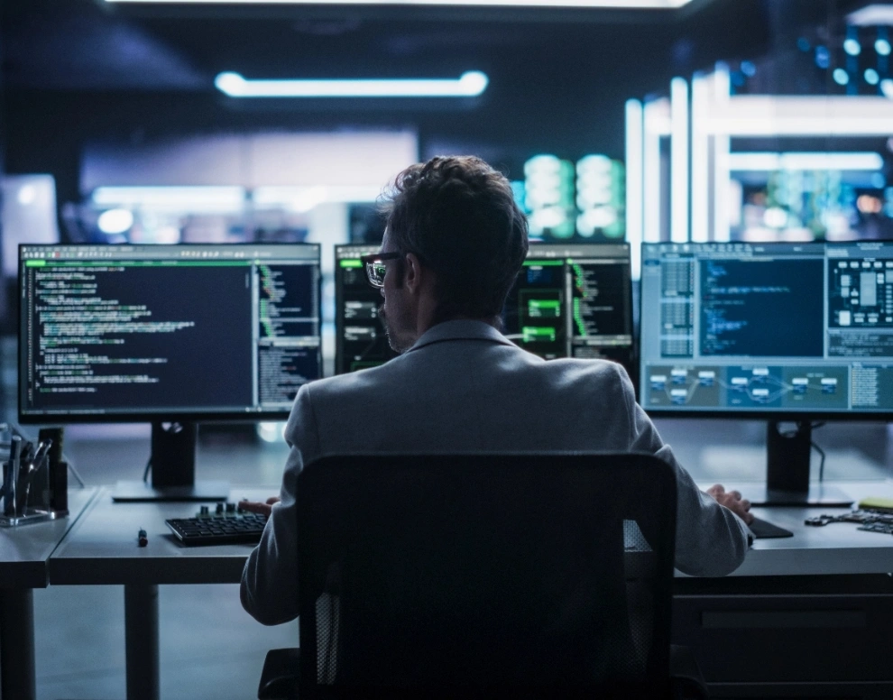 man seated at a desk focused on three computer screens