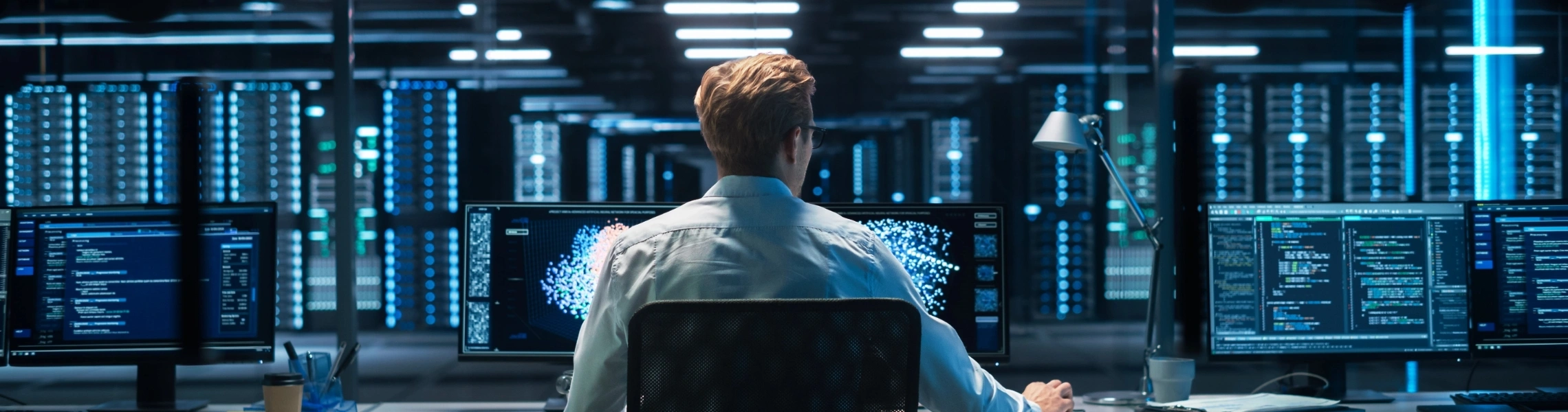 multiple computer monitors displaying various information